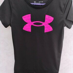 Under Armour Girls Black Tee with Hot Pink lettering Size Extra Small